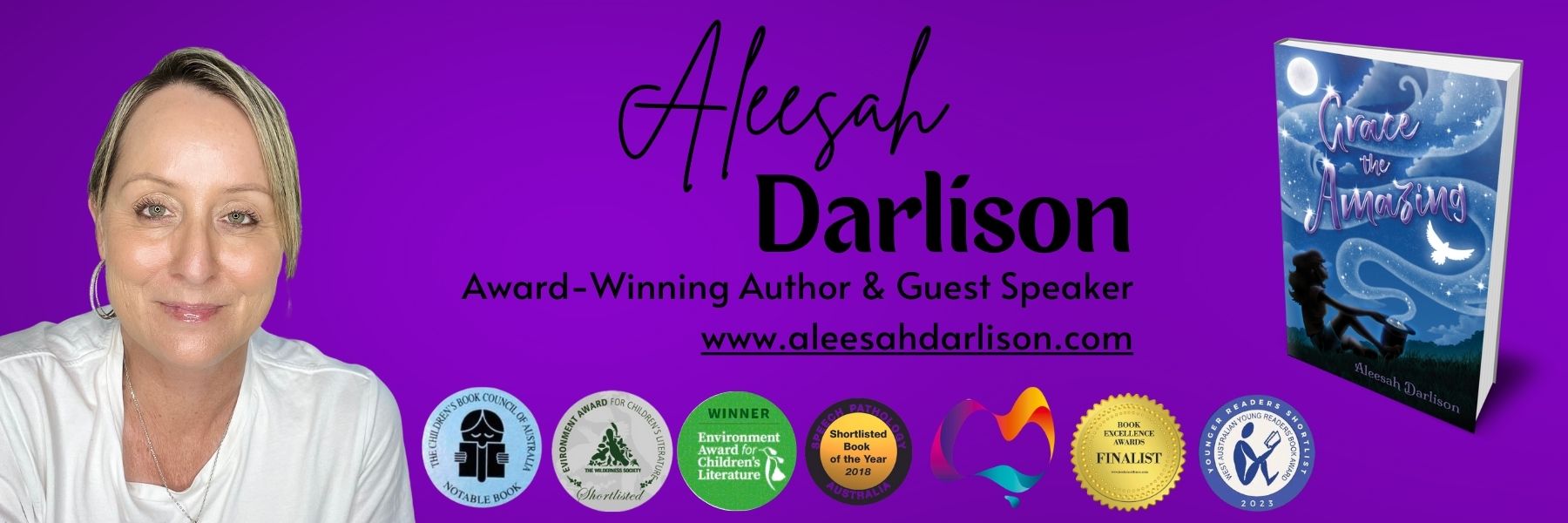 Aleesah Darlison Banner with various awards and Grace the Amazing book