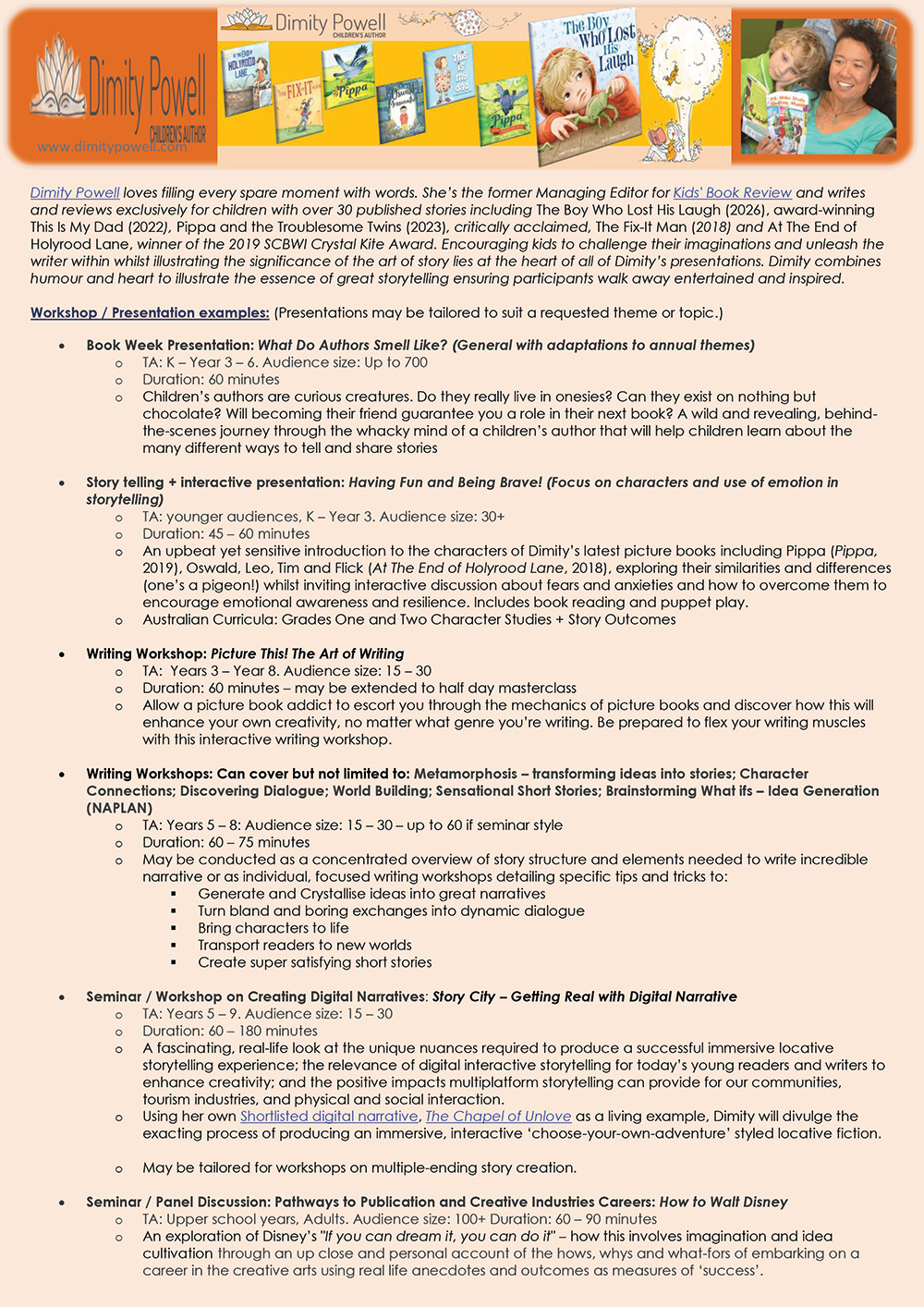 D Powell SCHOOL Presentation and Workshop Suggestions March 2026